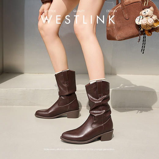 西遇西部牛仔靴女新款秋冬复古V口显瘦堆堆靴子黑色尖头短靴V2157204 商品图3