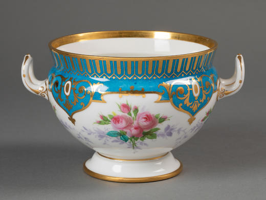 独角鹿西洋古董1850-1869年代法国御窑塞弗尔出品古典花卉主题手绘描金装饰蓝白釉双耳带盖瓷餐盅 商品图2