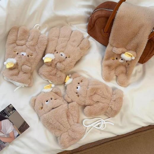 【可爱少女心！毛绒手套】围巾女新款冬季学生骑行挂脖加绒加厚防寒五指手套。rc 商品图8