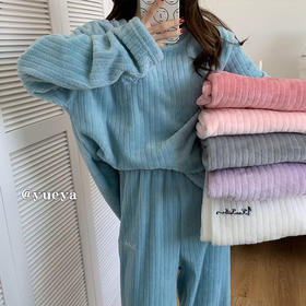 珊瑚绒睡衣女秋冬季圆领加厚加绒保暖家居服月牙城套装大码可外穿
