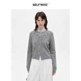 SELFWHO绵羊毛马海毛混纺绿绒蒿针织开衫女2025冬季新款圆领毛衣