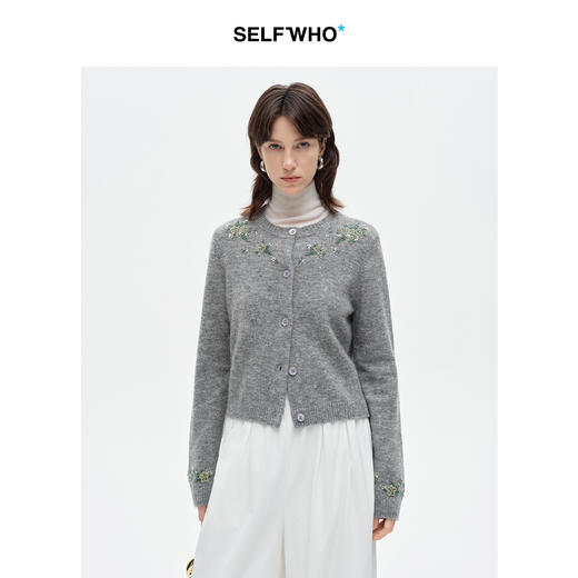 SELFWHO绵羊毛马海毛混纺绿绒蒿针织开衫女2025冬季新款圆领毛衣 商品图0