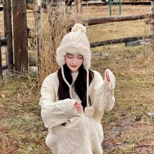 【甜妹必备！韩系暖冬】秋冬韩版百搭显脸小雷锋帽女内衬加绒兔毛护耳帽保暖针织毛线帽子。hb 商品图1