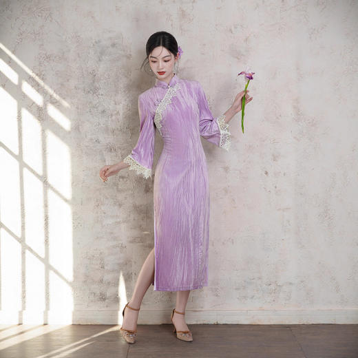 2025年秋季新款改常蕾丝包边年轻款丝绒倒大袖旗袍XL1612 商品图4