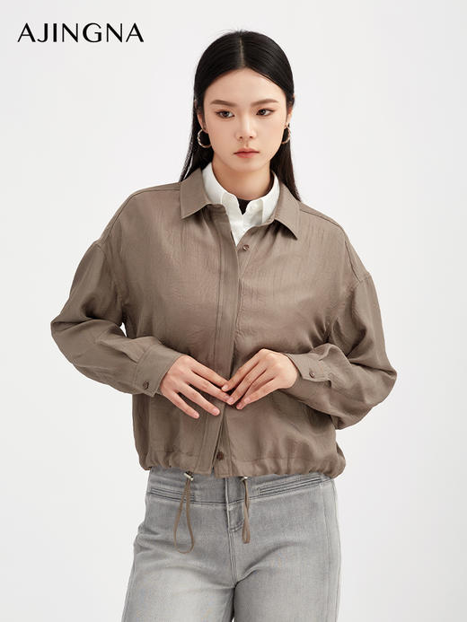 【商场同款】阿菁娜秋季新款进口醋酸褶皱肌理光泽落肩抽绳衬衫外套A30Q109015 商品图3