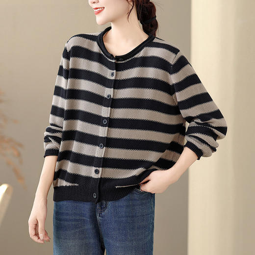 C025-818925新款秋冬复古慵懒风撞色条纹长袖针织开衫宽松显瘦毛衣外套 商品图3