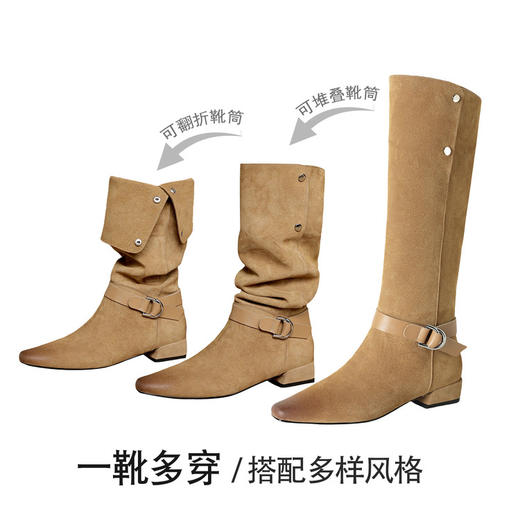 【预售7天】新款美拉德中跟堆堆靴真皮磨砂西部靴秋冬粗跟复古长筒高靴NJMK&K1759 商品图0