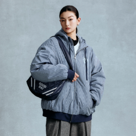 GOODBAI 粗体logo印花格纹连帽抽绳宽松拉链卫衣外套