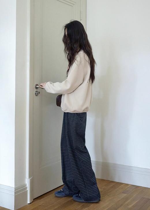 the bar*深蓝细格慵懒风复古休闲阔腿裤 商品图3