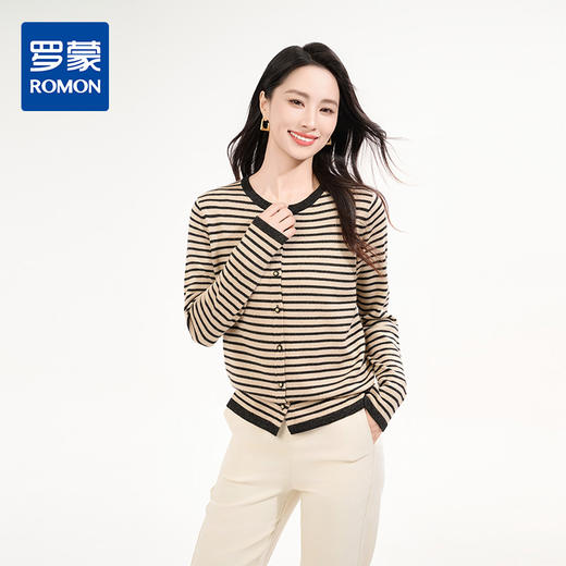 11%绵羊毛圆领开衫条纹毛衣 商品图0