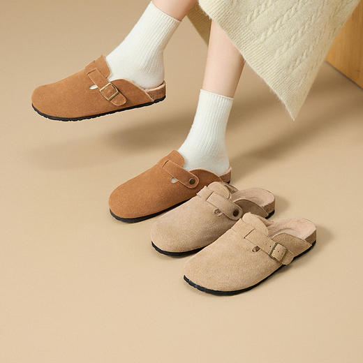 西遇加绒勃肯鞋女新款秋冬真皮懒人外穿厚底毛毛鞋包头半拖鞋20034294 商品图0