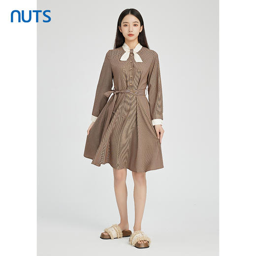 NUTS商场同款复古气质设计感收腰显瘦A字长袖连衣裙女241103300 商品图2