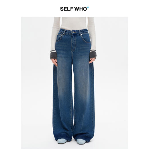 SELFWHO莱赛尔棉混纺复古做旧牛仔裤女2025冬新款宽松百搭直筒裤 商品图0