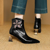 【预售5天】春秋单靴子女真皮尖头花朵水钻高跟皮靴冬季短靴粗跟及踝靴子DB&M6615 商品缩略图3
