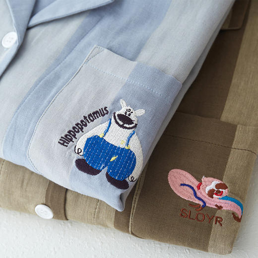 【全棉双层纱】2025秋新款情侣款系列睡衣女春秋季纯棉纱布刺绣条纹野兽家居服男士长袖套装 商品图4