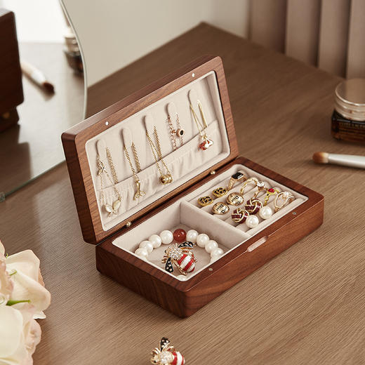 初心 钱包式便携收纳首饰盒精致实木桃花芯木盒子 商品图1