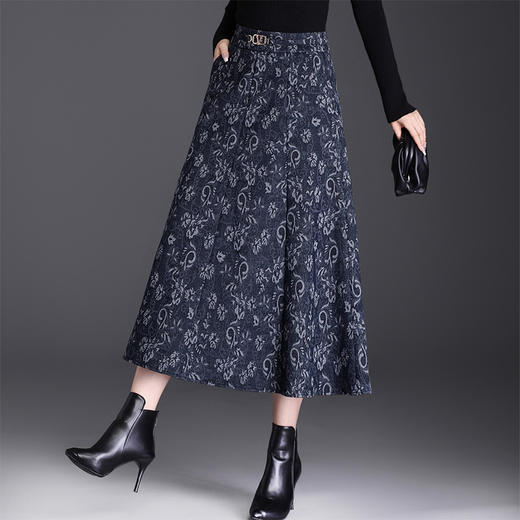QYM 3510-Y毛呢半身裙厚款高腰口袋印花裙中长款气质优雅A字裙 商品图1