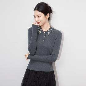 「高货wl」全新升级【铂金会员220/天猫299/差价79】(93139)洛诗琳轻奢老钱风针织衫2025秋冬重工翻领钉钻打底上衣