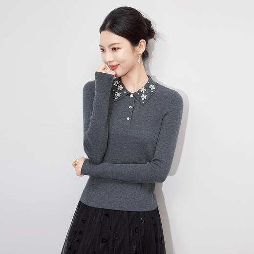 「高货wl」全新升级【铂金会员220/天猫299/差价79】(93139)洛诗琳轻奢老钱风针织衫2025秋冬重工翻领钉钻打底上衣 商品图0