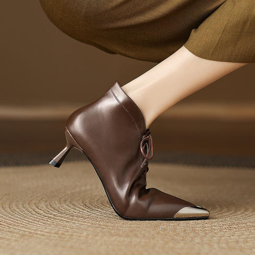 【预售5天】英伦风真皮金属头系带小跟踝靴，尖头中跟时装短靴女单鞋SLLK&sl-7962 商品图1