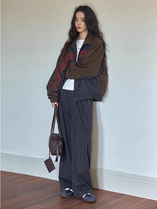 the bar*深蓝细格慵懒风复古休闲阔腿裤 商品图2