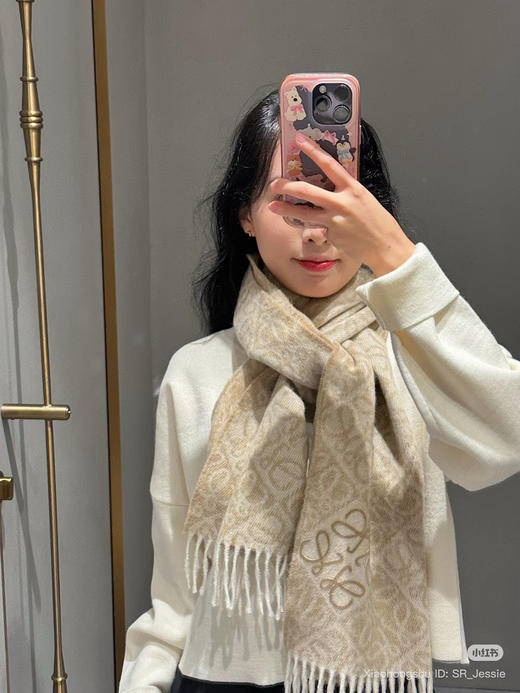 1010-1 渠道货 lew 新款 牙刷绣 徽标字母 羊毛羊绒 对比棋盘格 流苏长款围巾 商品图2