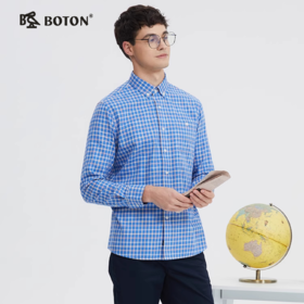 波顿男士春秋季清爽彩蓝格纹合身纯棉长袖衬衣MS030124