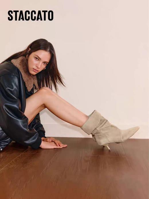 思加图2025新款巴黎之约复古长靴时装靴棕色细跟堆堆靴9S007DS5 商品图0