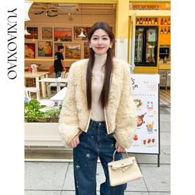 余潇潇【金奢繁华】托斯卡纳皮毛一体重工精美手工缝钻圆领皮草外套