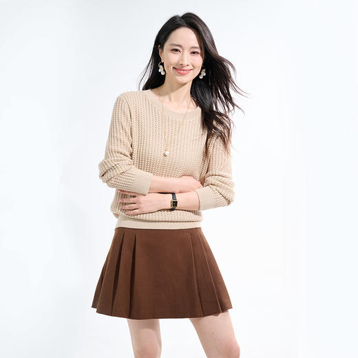 罗蒙秋冬针织衫女士优雅舒适绞花镂空设计圆领长袖保暖配裙子打底上衣女 商品图3