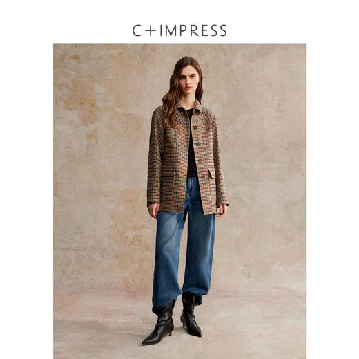 羊毛千鸟格复古老钱风拼接皮领毛呢外套 商品图2