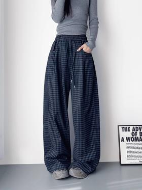 the bar*深蓝细格慵懒风复古休闲阔腿裤