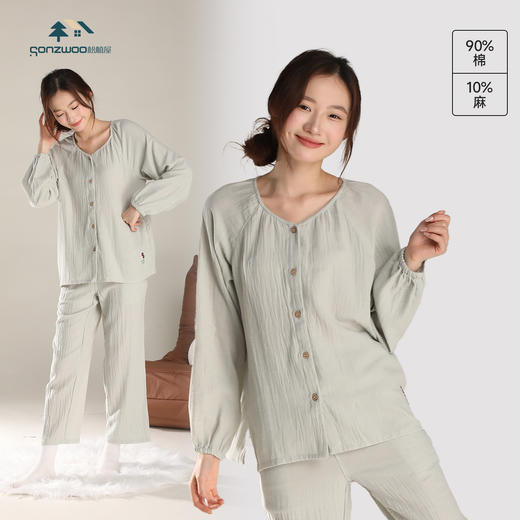 松植屋女款棉麻长袖套装女士小花朵刺绣睡衣家居服 商品图0