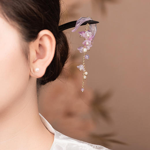 JGL紫藤花流苏发簪新中式日常挽发头饰古风檀木簪旗袍汉服国风发饰女 商品图0