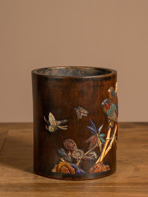 清	竹雕百宝嵌花鸟纹笔筒 商品图1