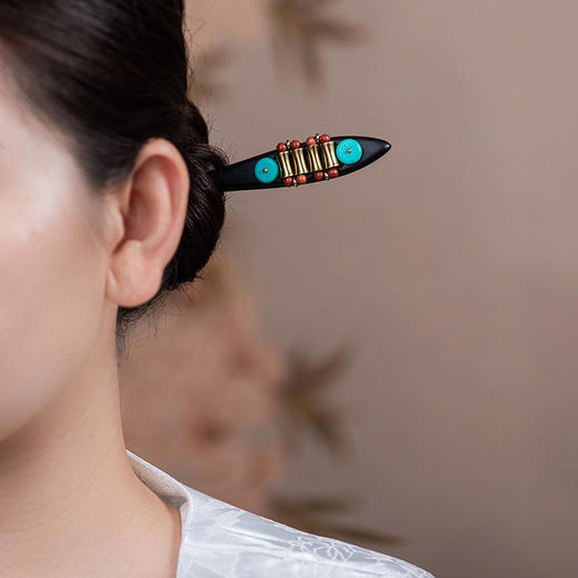 JGL紫光檀木发簪尼泊尔黄铜发簪黑檀木复古异域风木簪藏式盘发簪子女 商品图2