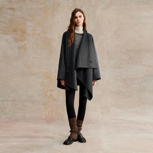全羊毛围裹式不对称领子知性学术风气质宽松双面尼大衣DY2504016 商品图2