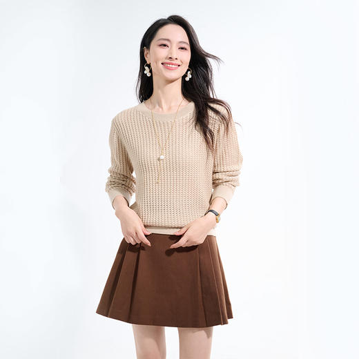 罗蒙秋冬针织衫女士优雅舒适绞花镂空设计圆领长袖保暖配裙子打底上衣女 商品图2