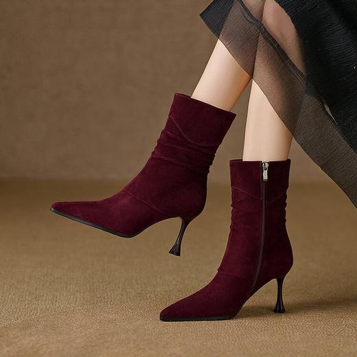 【预售5天】法式高级感小短靴高跟秋冬新款尖头细跟褶皱中筒瘦瘦靴QS&765 商品图0