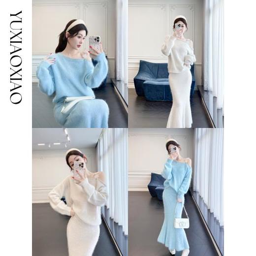 余潇潇【花肩美梦】马海毛羊毛混纺立体花朵斜肩毛衣&鱼尾半裙套装 商品图0