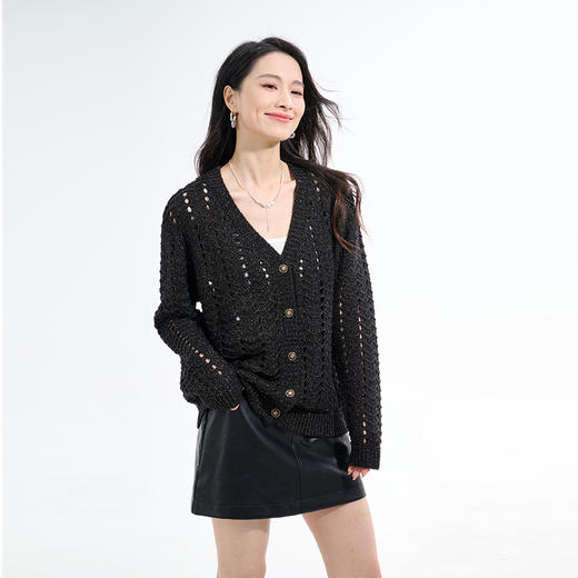 罗蒙秋冬针织衫女士V领粗针镂空设计开衫外套上衣气质优雅长袖外搭毛衣女 商品图3