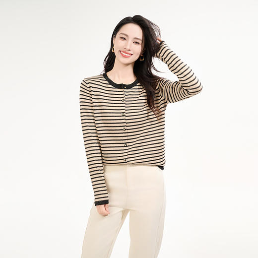 11%绵羊毛圆领开衫条纹毛衣 商品图1