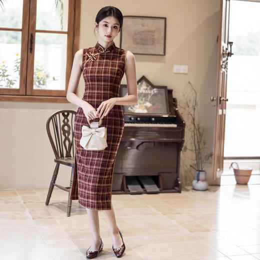 格子气质优雅文艺，少女棉麻磨毛旗袍MYJ-256 商品图3