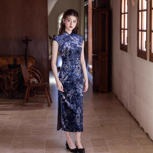蓝色无袖丝绒旗袍，复古民国风新中式日常绝美气质MYJ-258 商品图0