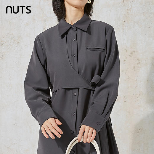 NUTS商场同款春秋季纯色简约休闲气质高腰长袖连衣裙女231103032B 商品图4