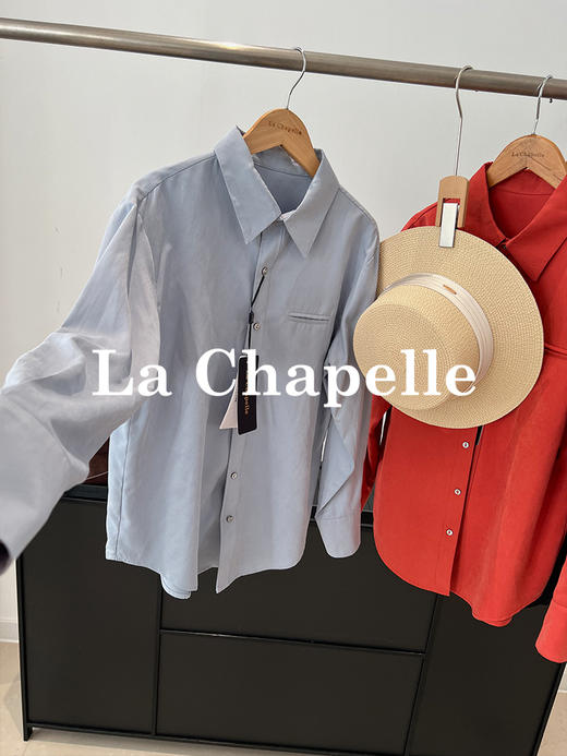 会员福利【挺阔有型/高品质】拉夏贝尔/La Chapelle通勤排扣翻领衬衫女2025秋季新款一字假口袋长袖宽松长袖衬衣 商品图1