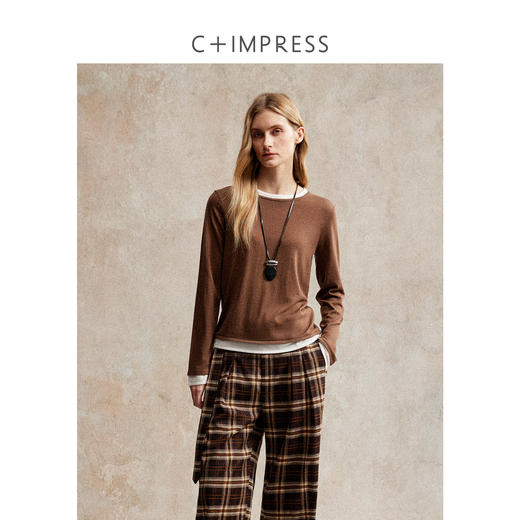 醋酸羊毛假两件拼色长袖针织衫 商品图0