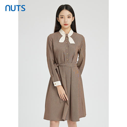 NUTS商场同款复古气质设计感收腰显瘦A字长袖连衣裙女241103300 商品图3