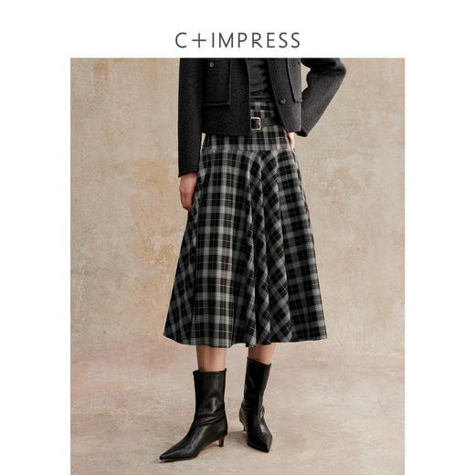 C+IMPRESS/西嘉复古黑白格子半身裙女25冬季新款高腰显瘦a字伞裙 商品图1
