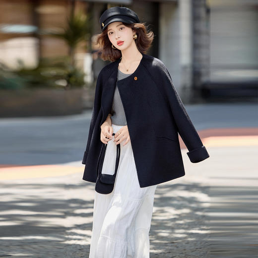 HR MEIQIN721双面羊毛大衣时尚气质宽松休闲毛呢外套 商品图0